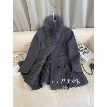 小香風羽絨服女冬季2024新款高階狐貍毛百褶裙擺式羊毛呢大衣外套