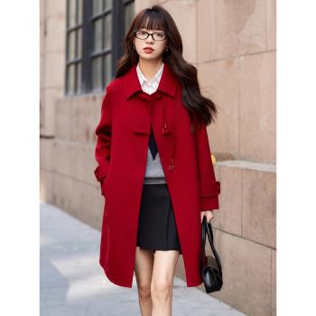 中國風紅色雙面羊絨大衣女冬季新中式盤扣中長款小個子羊毛呢外套