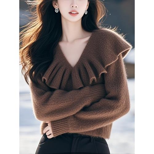 法式復古優雅咖色v領長袖毛衣針織衫女秋冬款獨特超好看軟糯小衫