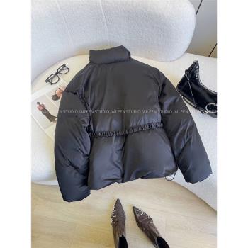 文藝簡約黑色羽絨服女2024冬季新款加厚收腰設計新中式白鴨絨外套