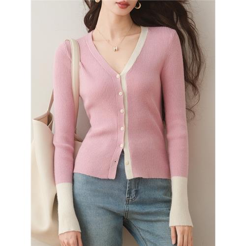 時尚氣質絕美粉拼色V領長袖針織開衫女秋冬款百搭單排扣顯瘦小衫