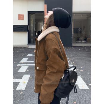 美拉德咖色白鴨絨內膽麂皮絨外套女2024冬季新款加厚超好看羽絨服