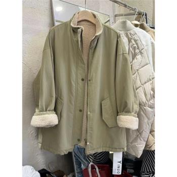 YINUO寬松棉衣女慵懶風中長款立領加絨羊羔毛內襯風衣外套派克服