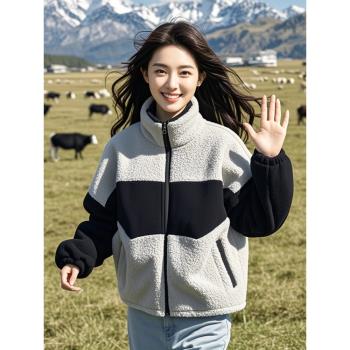 冬季小個子灰色棒球服獨特超好看小香風搖粒絨羊羔毛厚外套女秋冬