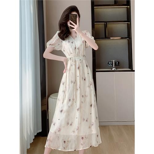 溫柔氣質新中式國風碎花連衣裙女夏雪紡印花遮肉顯瘦泡泡袖長裙子