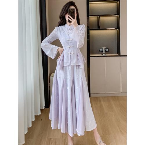 國風改良刺繡旗袍刺繡盤扣兩件套裝女夏今年流行漂亮新中式套裝裙