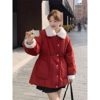 紅色翻領收腰羽絨服女冬季2025新款小個子白鵝絨外套本命年外套