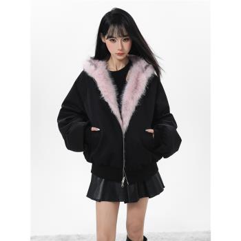 黑色雙面穿毛絨棉服外套女秋冬小個子加厚中長款連帽棉襖棉衣冬季