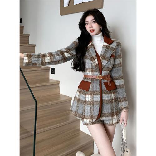 復古格紋小香風毛呢西裝套裝女深冬裝韓式千金保暖外套短褲兩件套