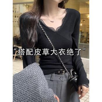 黑色V領蕾絲打底衫女裝深秋初冬穿搭小香風內搭配大衣針織衫上衣