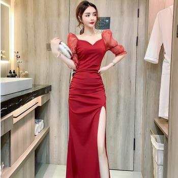 小眾網紗袖收腰性感開叉禮服裙