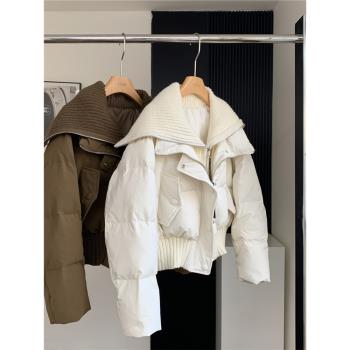 高階感純色短款拼接麵包服外套上衣女冬季加厚保暖白鴨絨羽絨棉服