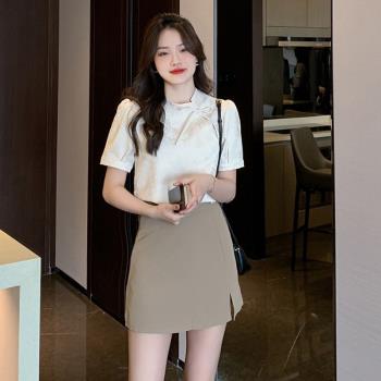 茶系一整套穿搭女夏新中式國風上衣半身裙兩件套改良襯衣包臀短裙