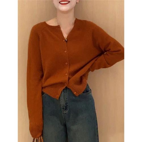 簡約韓系復古焦糖色針織開衫女秋季新款寬松百搭顯瘦軟糯毛衣外套