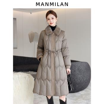 白鵝絨羽絨服大衣外套冬新款海寧水貂毛領皮草女裝中長款修身洋氣