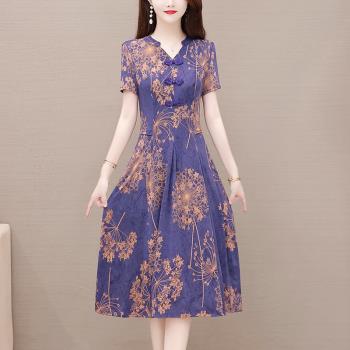 香雲紗真絲連衣裙女夏季2024新款改良旗袍媽媽國際大牌桑蠶絲裙子