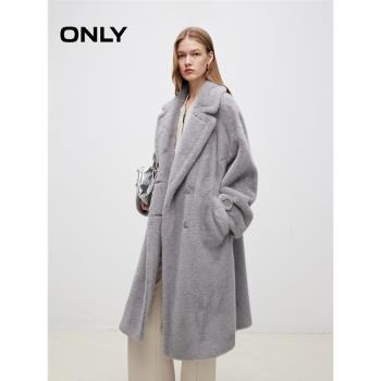 ONLY2024秋冬新款簡約純色翻領雙排扣中長款棉服外套女