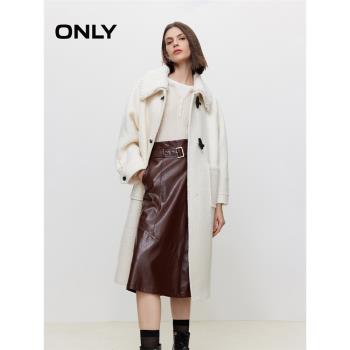ONLY秋冬氣質翻領泰迪毛牛角扣長款羊毛純色毛呢大衣女|12336U011