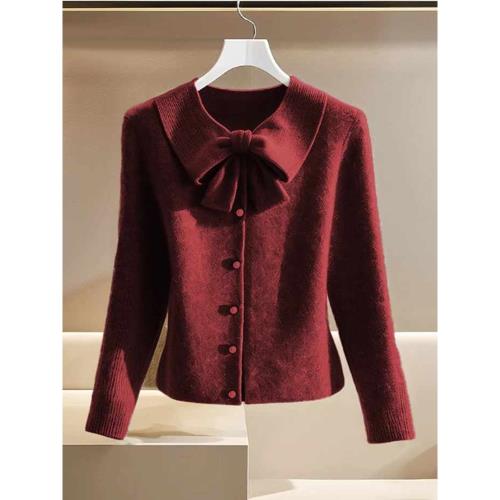 法式復古絕美酒紅色蝴蝶結短款針織開衫女秋冬新款超好看百搭小衫