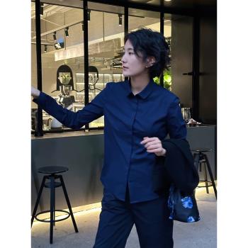 周浪清 高階感藏青色小領襯衫女職業通勤女裝棉質長袖上衣白襯衣