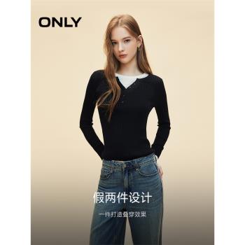 ONLY秋季修身顯瘦拼色假兩件長袖針織衫上衣女|124324014