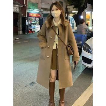 駝色加厚毛呢外套女秋冬裝韓系大碼胖MM設計感小個子牛角扣呢大衣