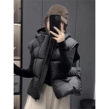 白鴨絨連帽羽絨馬甲女2024秋冬裝新款寬松時尚短款坎肩羽絨服外套