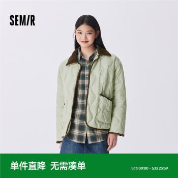 森馬羽絨服女中長款輕薄拼接燈芯絨翻領2024冬季新款三防外套復古