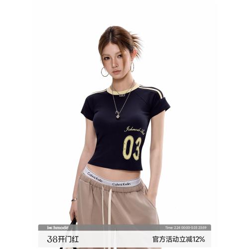 ICH MODE 美式修身正肩短袖t恤女夏季新款條紋球衣粉色半袖小上衣