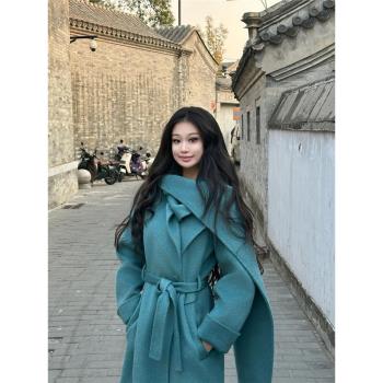 藍色雙面羊絨大衣女款2024新款冬季高階感超好看氣質圍巾毛呢外套