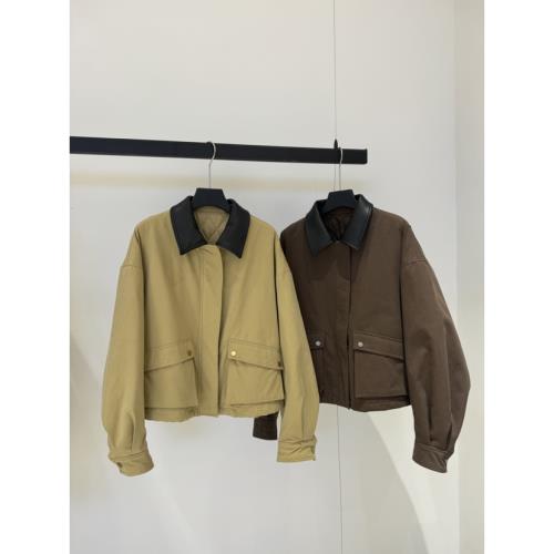 撞色PU翻領工裝加棉厚外套女冬 設計感收腰寬松休閑短款夾克上衣