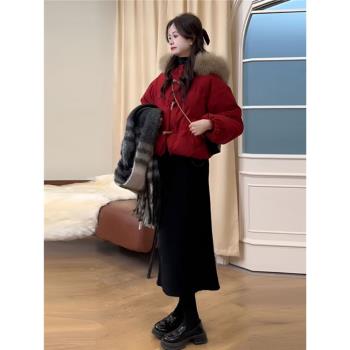高階感洋氣小個子超好看紅色短款大毛領棉衣棉襖外套女2024年冬季