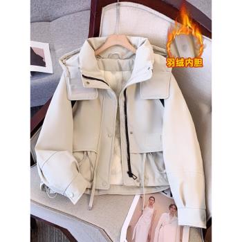 沖鋒衣款羽絨服女冬季2024新款小個子連帽工裝短款加厚派克服外套
