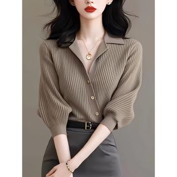 淑女棕色翻領七分袖秋季款上衣