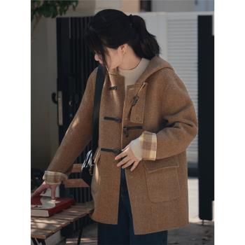牛角扣大衣女2024秋冬新款羊毛復古學院風連帽格子毛呢外套