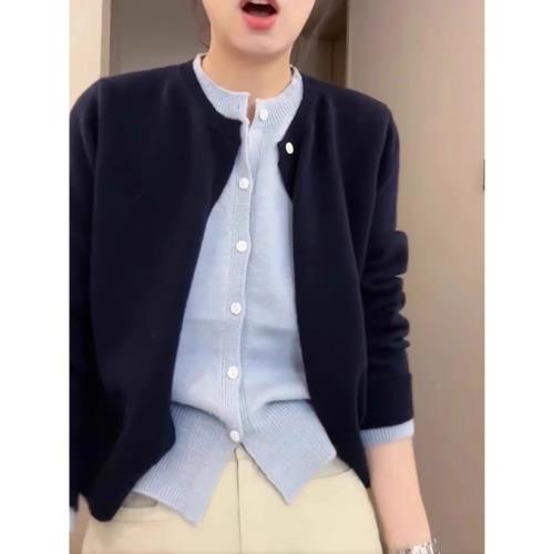 軟糯舒適撞色假兩件針織開衫春季休閑通勤顯瘦打底衫單排扣上衣女