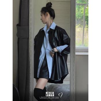 秋冬高階感皮衣襯衫套裝美拉德疊穿搭酷帥機車風御姐寬松外套夾克