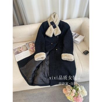 黑色長款羽絨服女冬季2024新款韓版兔毛圍脖領羊毛呢大衣羽絨外套