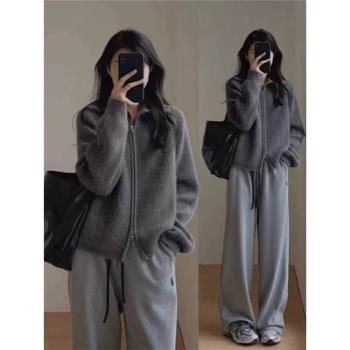 灰色毛衣外套女2024年秋季新款復古慵懶風加厚軟糯小個子針織開衫