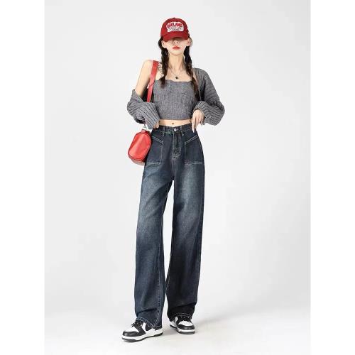 喵喵三三復古做舊直筒牛仔褲女春秋高腰寬松顯瘦梨形身材闊腿長褲