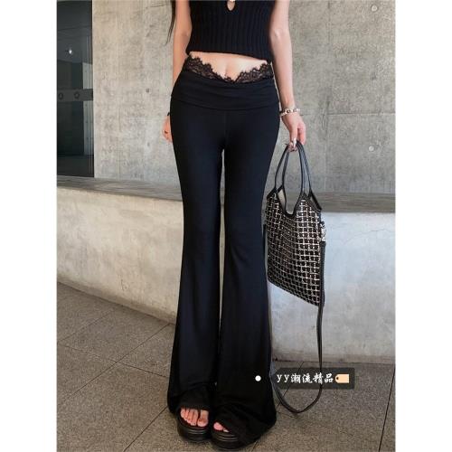 黑色蕾絲微喇叭休閑褲女秋季新款高腰修身闊腿褲小個子拖地長褲子