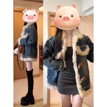 高階感洋氣減齡羊羔絨羊角扣牛仔棉服外套女小個子中長款棉衣冬季