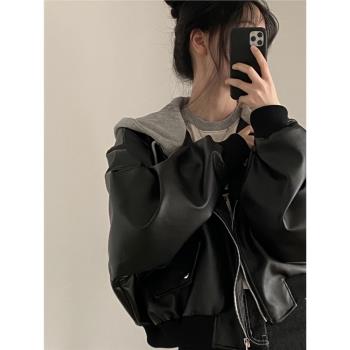 韓國東大門春秋新款假兩件連帽皮衣外套女酷颯風高階感夾克機車衣