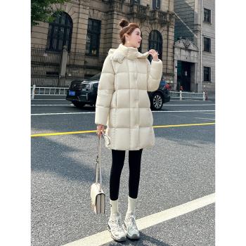90白鵝絨白色羽絨服女中長款2024冬季新款連帽加厚禦寒麵包服外套