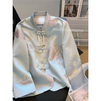國風盤扣改良漢服刺繡短款上衣女2024年秋季小香風粉色新中式外套