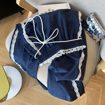 甜美減齡蕾絲拼接闊腿褲女秋季藏青色休閑褲子寬松bf慵懶風運動褲