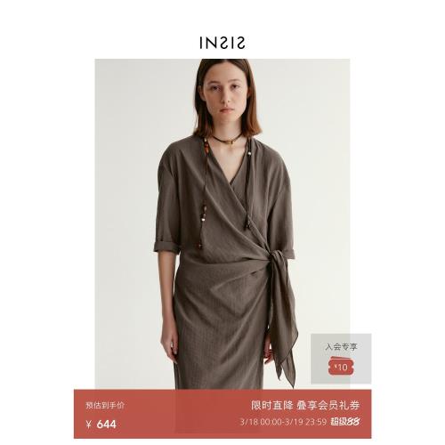 INSIS FEMME新中式肌理亞麻棉夏季新款圍裹斜襟系帶連衣裙長裙女