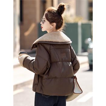 免洗pu皮羽絨服女2024年冬季新款皮面時尚洋氣短款外套美拉德皮衣