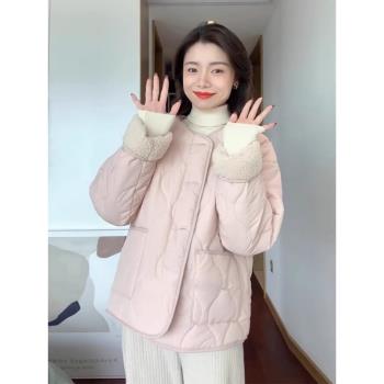 粉色羊羔絨棉服女冬季2023年新款時尚減齡小個子寬松短款羽絨棉衣
