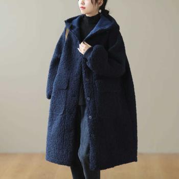 大碼女裝寬松長袖連帽保暖外套冬裝新款凈色羊羔毛中長款百搭棉衣